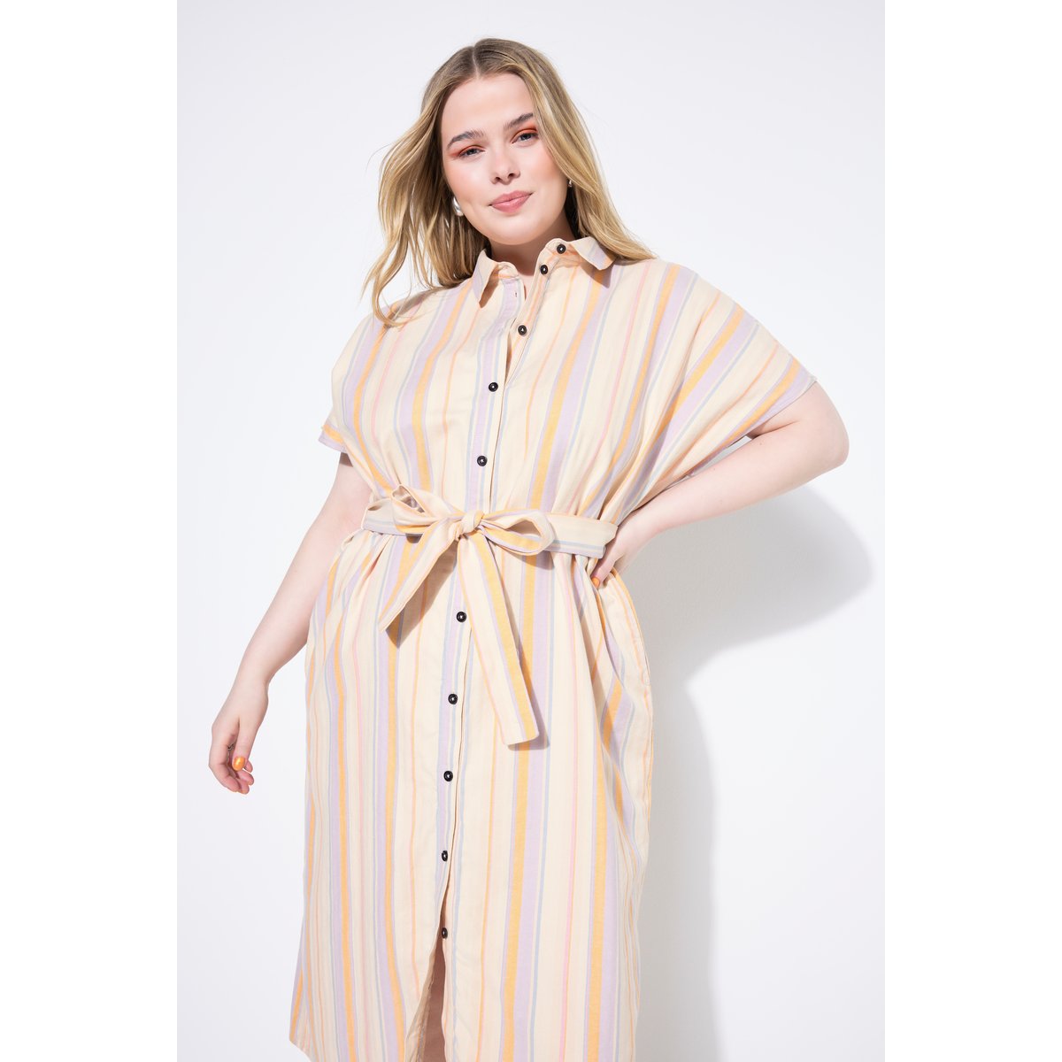 Robe-chemisier rayée, longueur midi beige, STUDIO UNTOLD