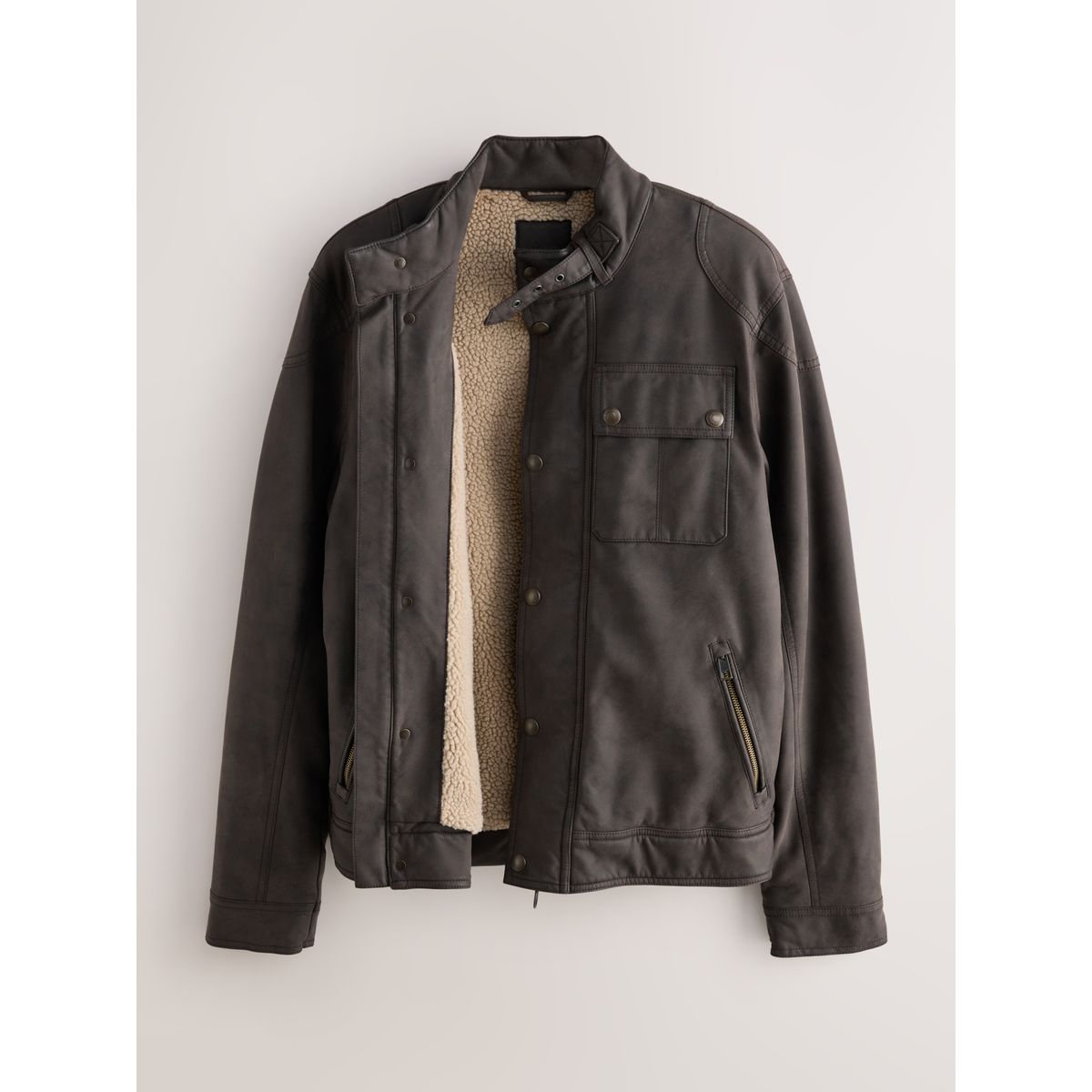 Veste motard 4 poches en similicuir doublé marron, NEXT