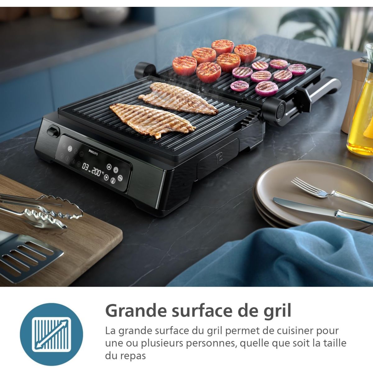 Grille-viande 7000 Series HD6307/70 noir sonde de cuisson, plaques amovibles, à poser, 29x26 cm couleur unique, PHILIPS