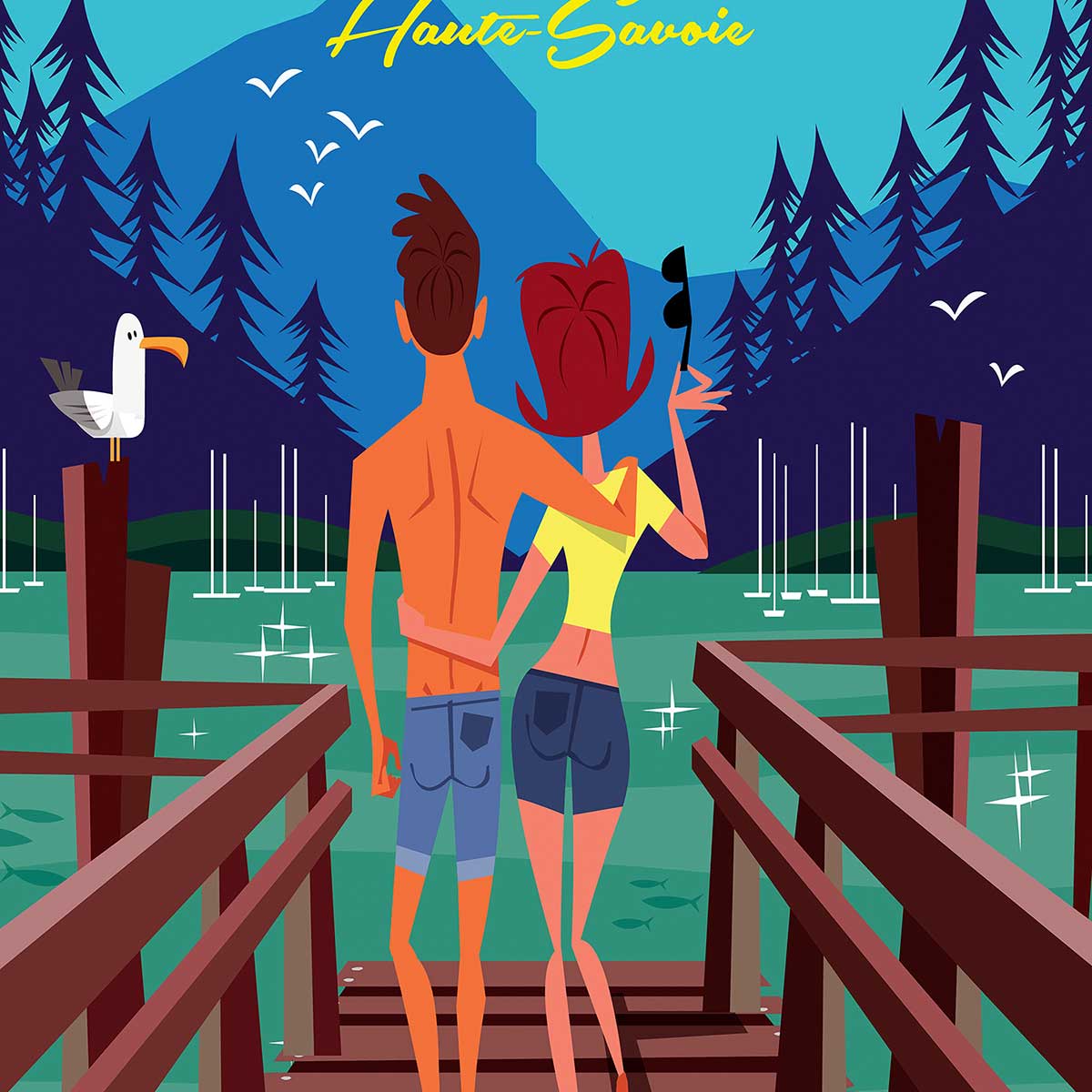 Poster le pont des amours annecy lac affiche + cadre en bois - noir, HEXOA