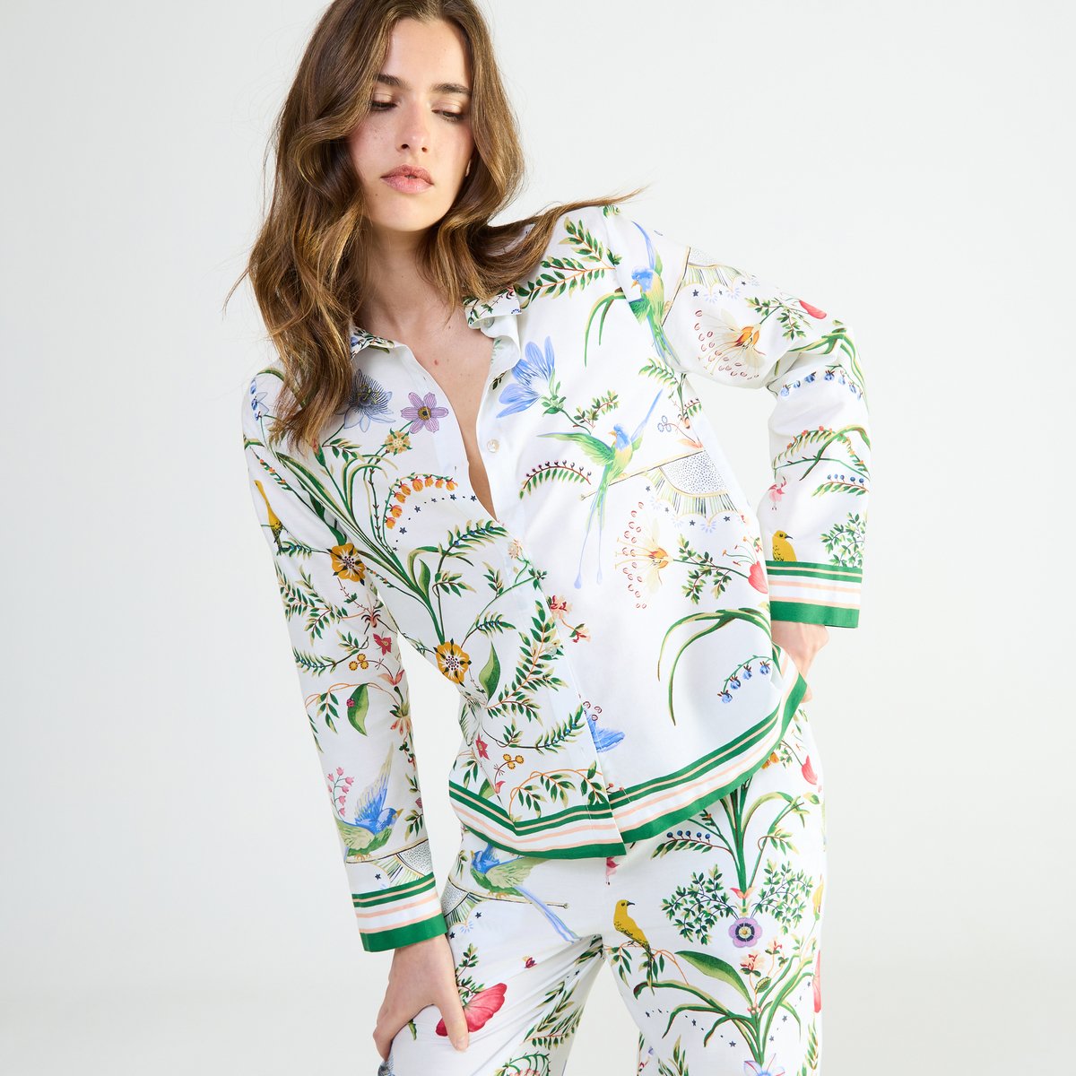 Pyjama col classique en satin BOTANIC blanc, LAURENCE TAVERNIER