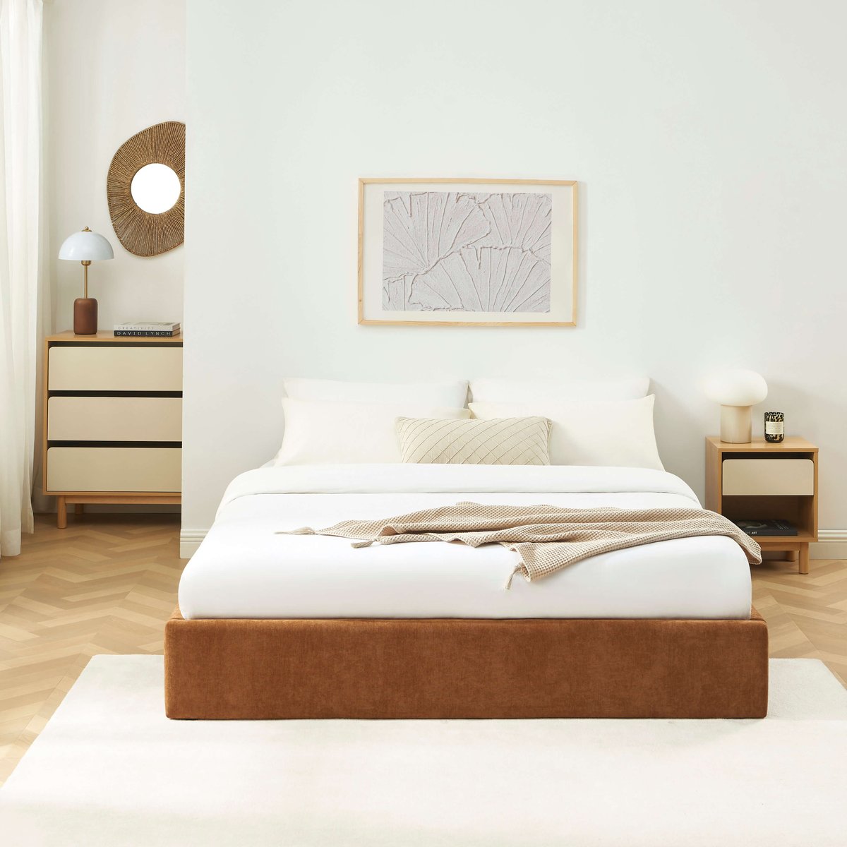 Lit coffre tissu avec sommier IVY marron, BAÏTA