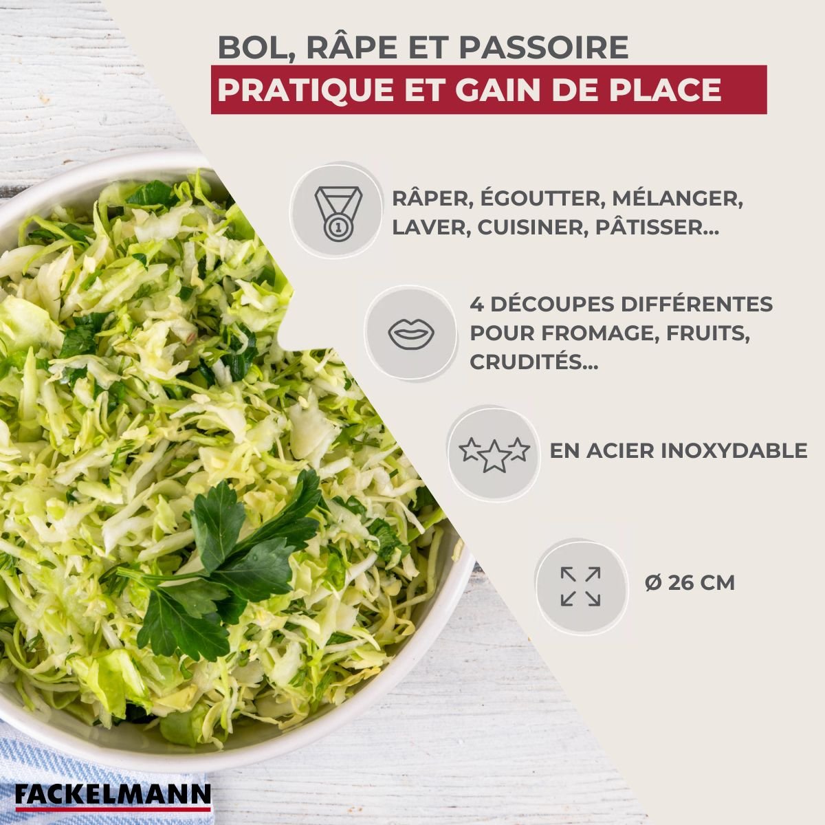 Set 3 en 1 Bol à Mixer, Râpe et Passoire 26 cm gris, FACKELMANN