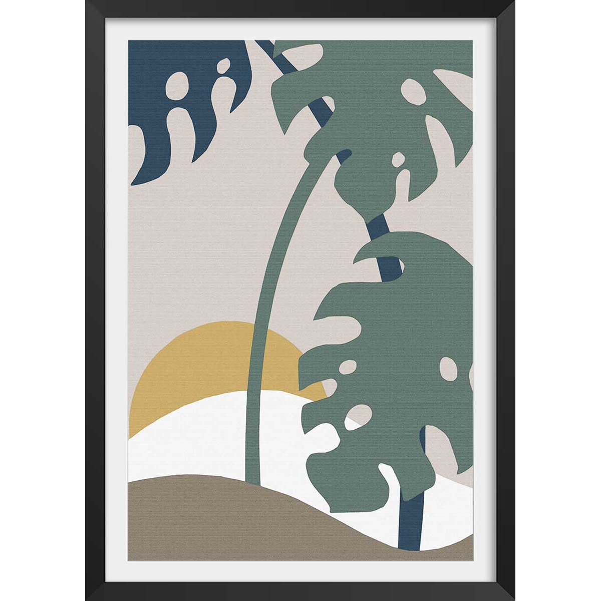 Affiche Monstera effet tissé affiche + cadre en bois - noir, HEXOA