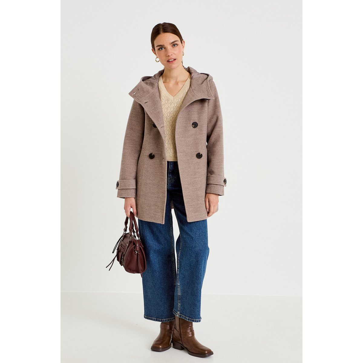 Manteau ajusté 3/4 à capuche taupe, CACHE CACHE