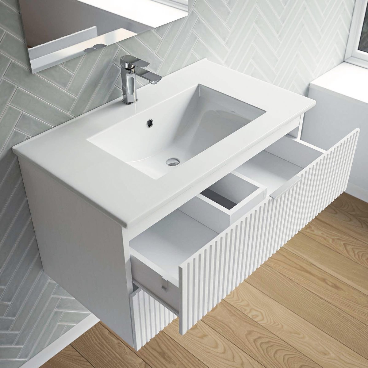 Meuble de salle de bains suspendu texturé 2 tiroirs avec vasque blanc, HOME MAISON