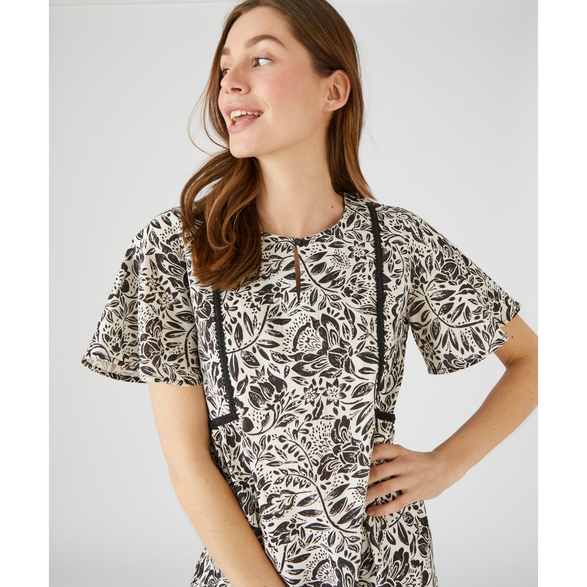 Robe imprimée en lin mélangé noir blanc fleuri, DAMART
