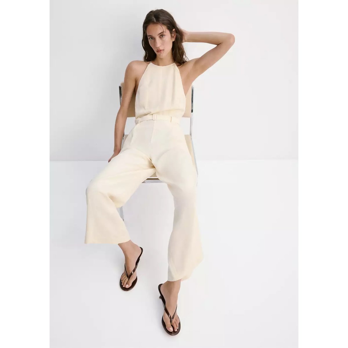 Combinaison halter détail ceinture écru, MANGO