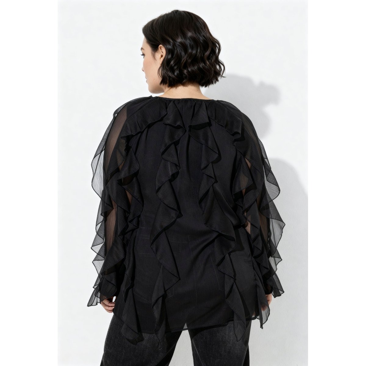 Blouse à volants, coupe évasée noir, ULLA POPKEN