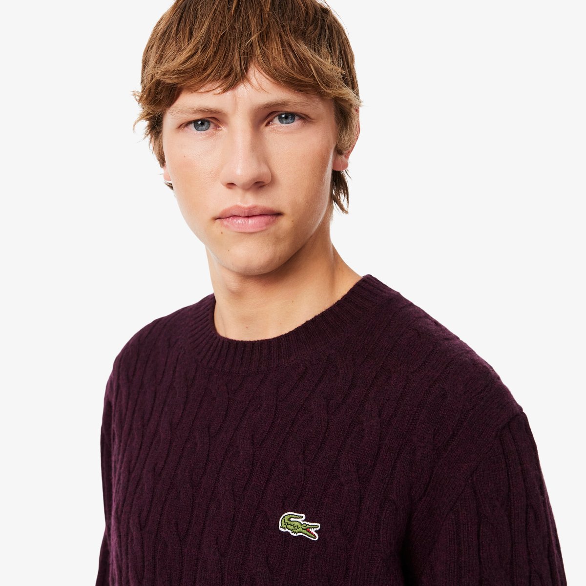 Pull torsadé en laine col rond marron-3ke, LACOSTE