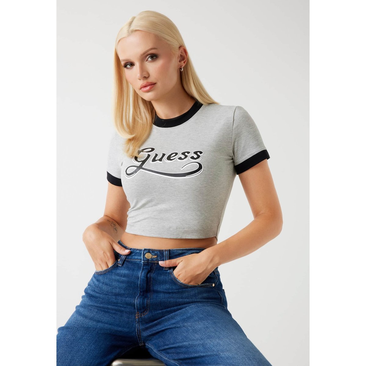 T-Shirt Logo Crop Boxy gris, GUESS