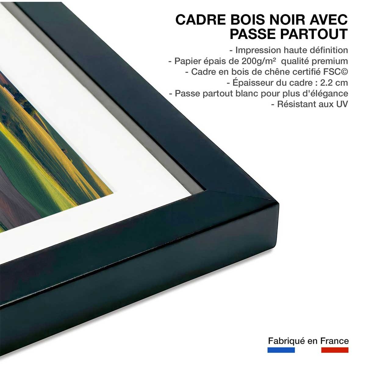 Affiche Colline colorée affiche + cadre en bois - noir, HEXOA