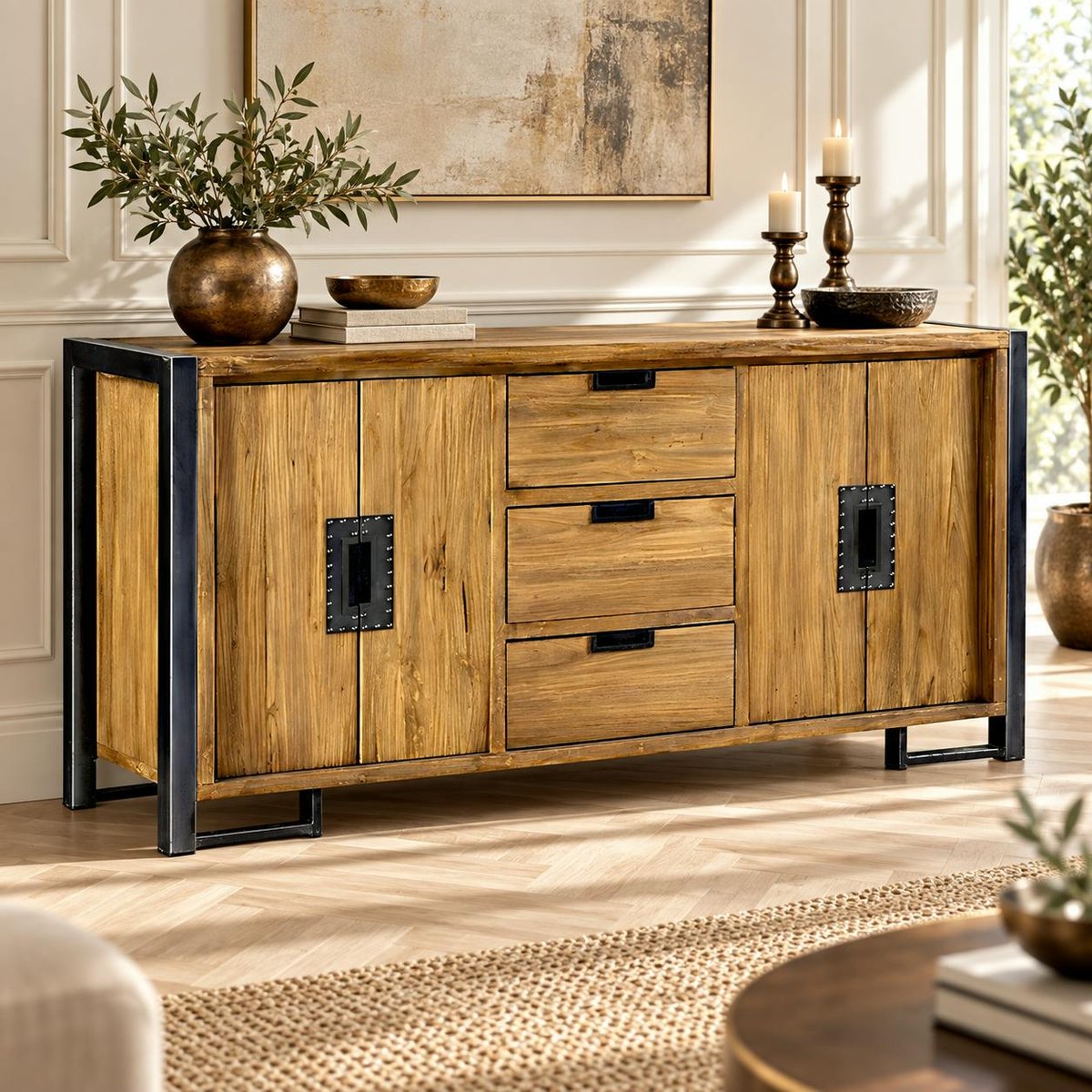 Buffet enfilade bois teck et métal 4 portes 3 tiroirs 186cm CANADA bois naturel, PIER IMPORT