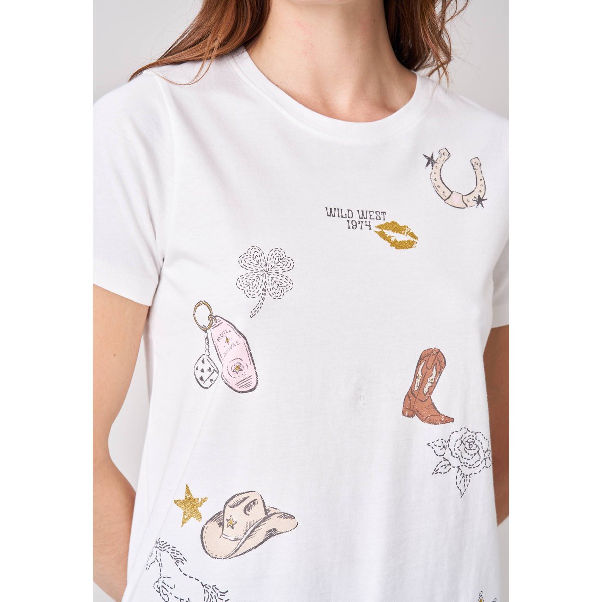 T-shirt regular femme en 100% coton jersey imprimé western COWGIRL off white, DEELUXE