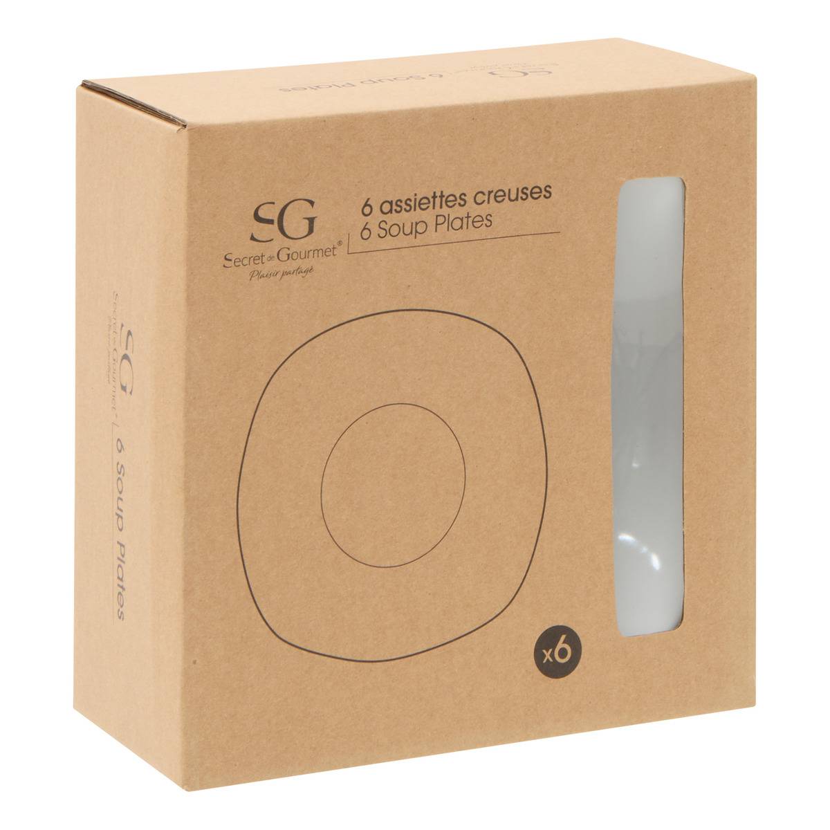 Lot de 6 assiettes en porcelaine PLAZA blanc, SECRET DE GOURMET