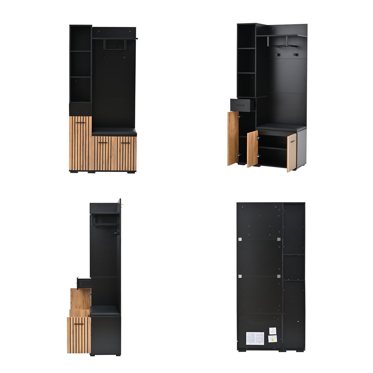 Vestiaire d'entrée avec banc et rangement, PORTER-M noir, MEUBLES COSY