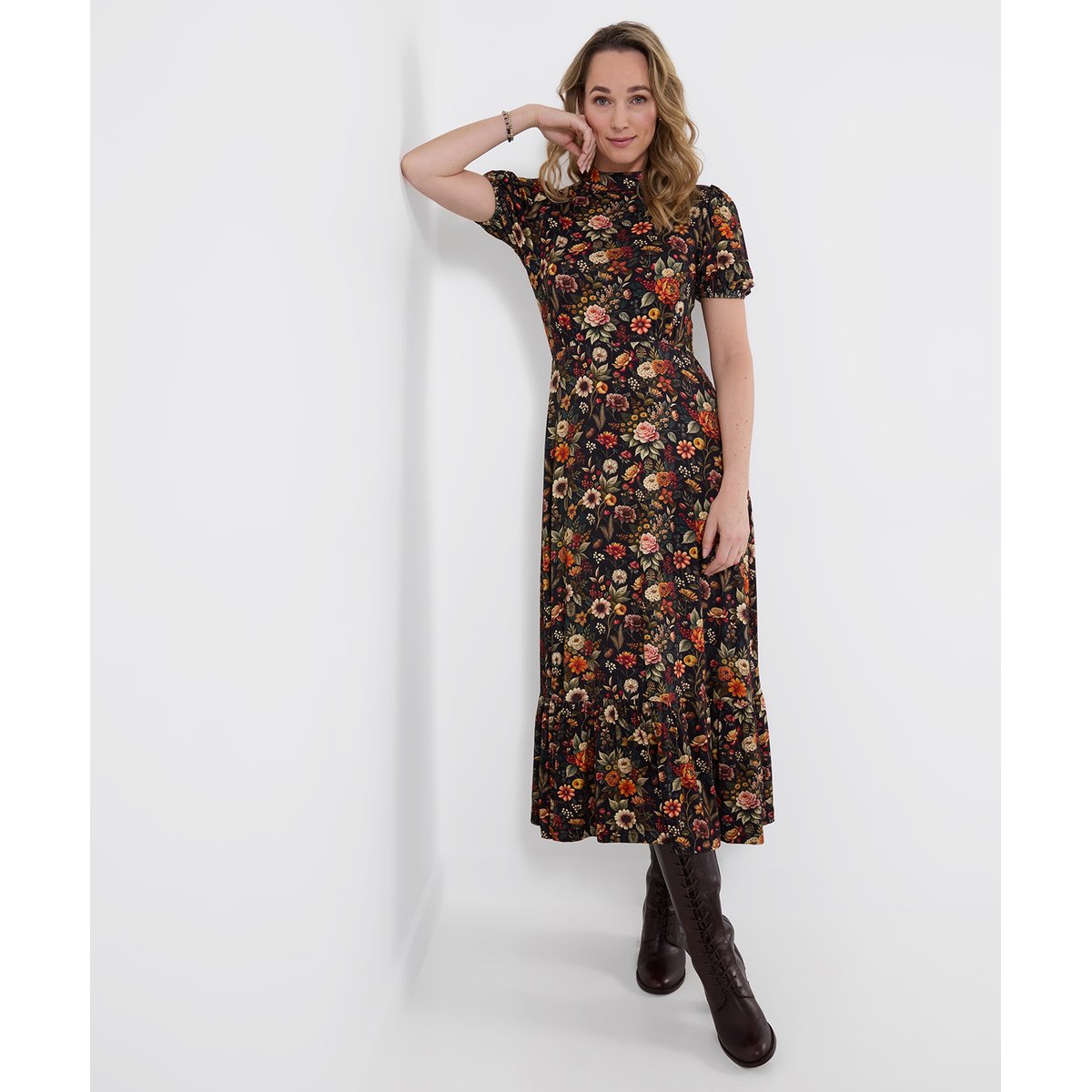 Robe Longue en Jersey à Col Montant Fleurs d'Automne noir, JOE BROWNS
