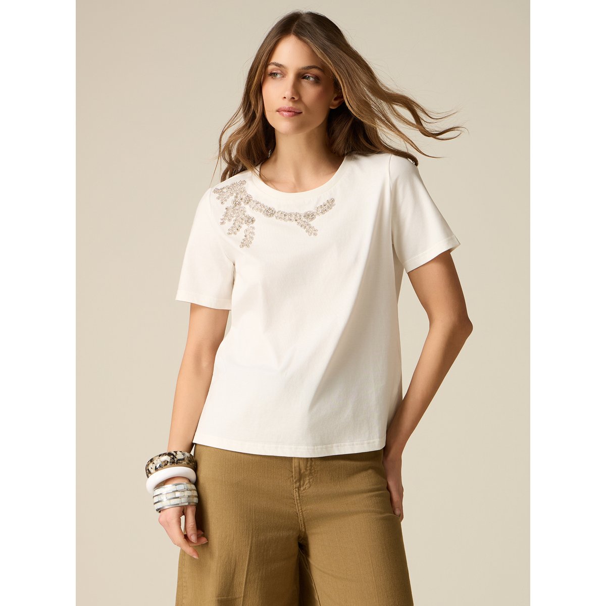 T-shirt avec broderie bijou blanc, OLTRE