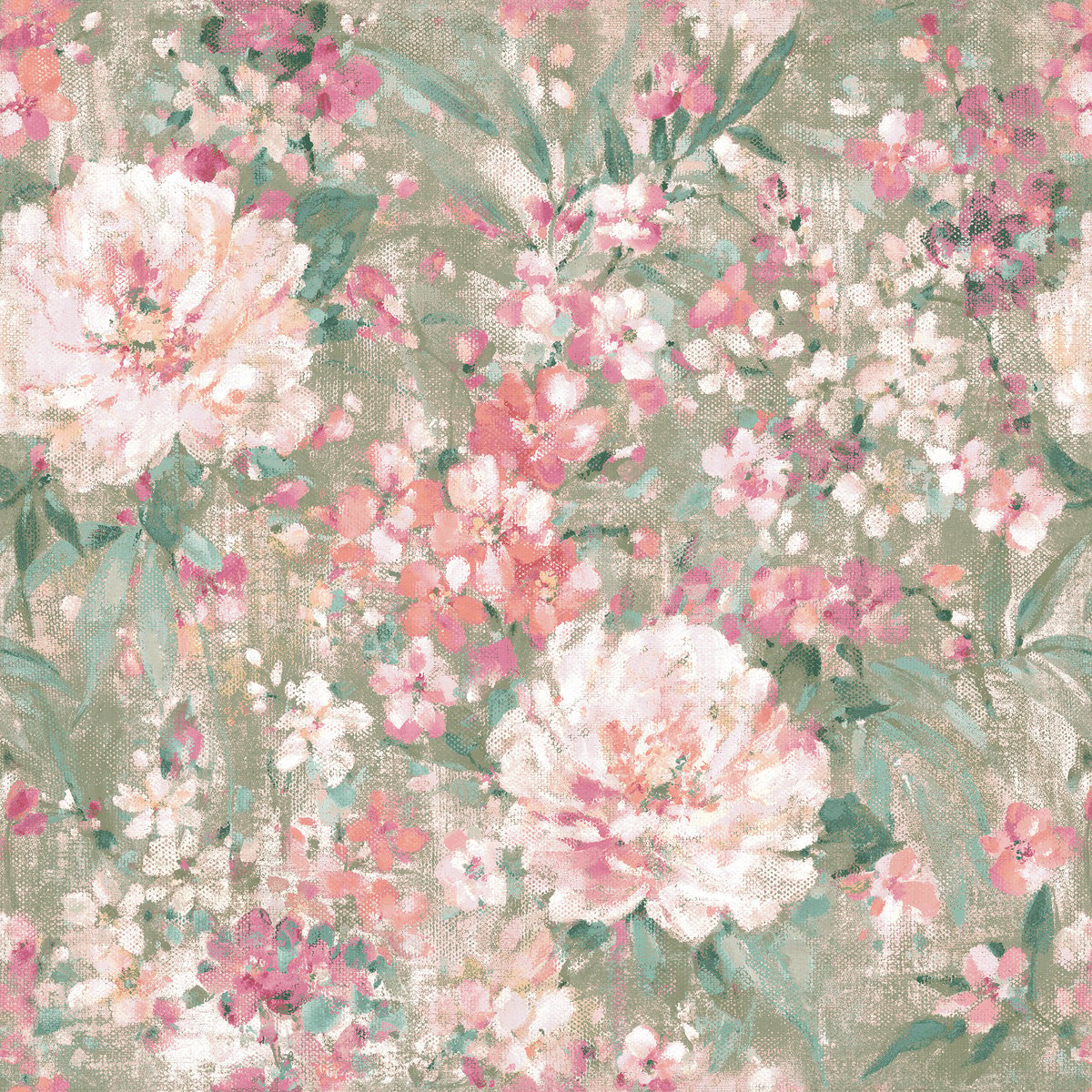 Papier peint fleuri bouquets éclos Mayville rose, vert, LAURA ASHLEY