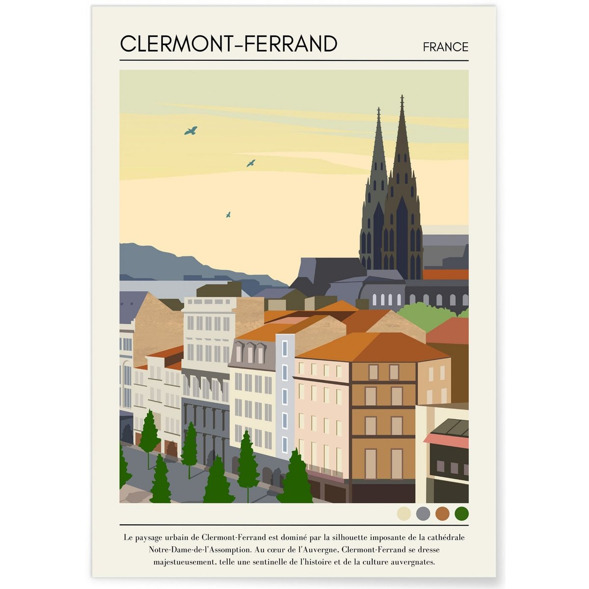 Affiche ville Clermont-Ferrand Vintage blanc, L'AFFICHERIE