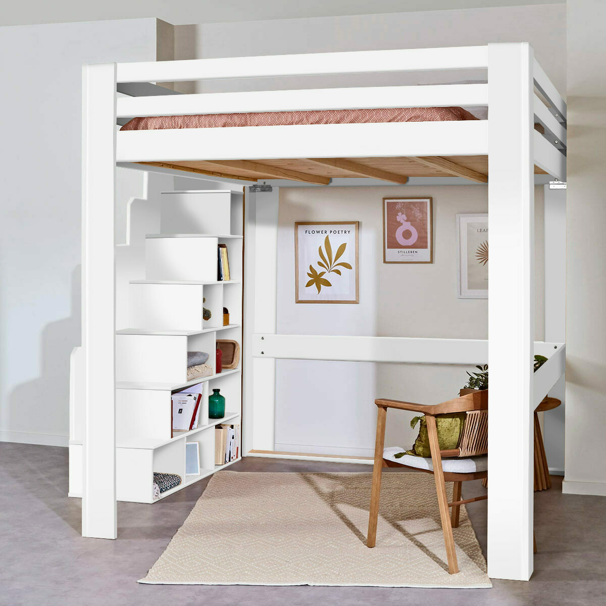 Lit mezzanine avec escalier SURI blanc, AKITEN RETAIL