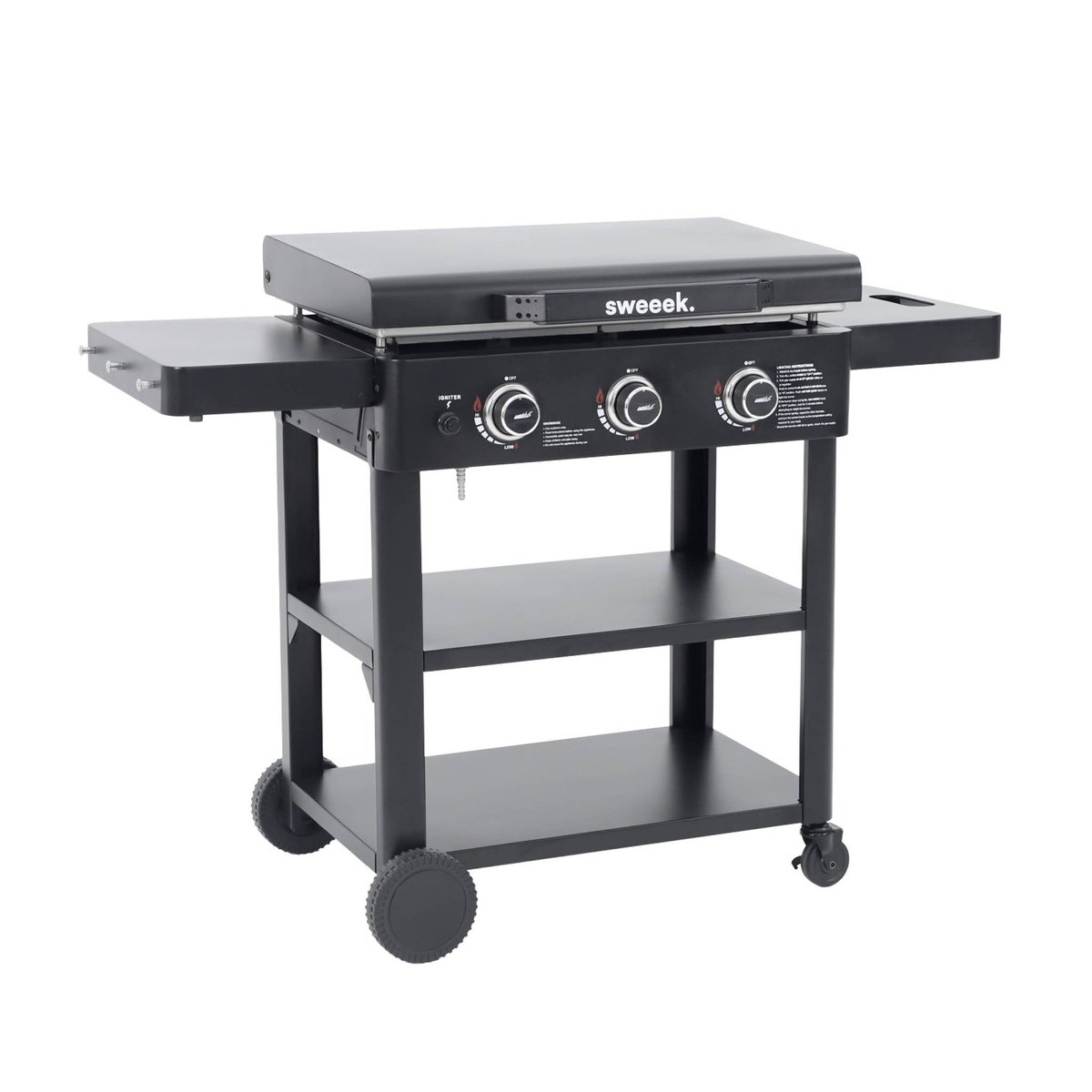 Plancha gaz 3 brûleurs acier inoxydable 12kW avec chariot RAOUL noir, SWEEEK