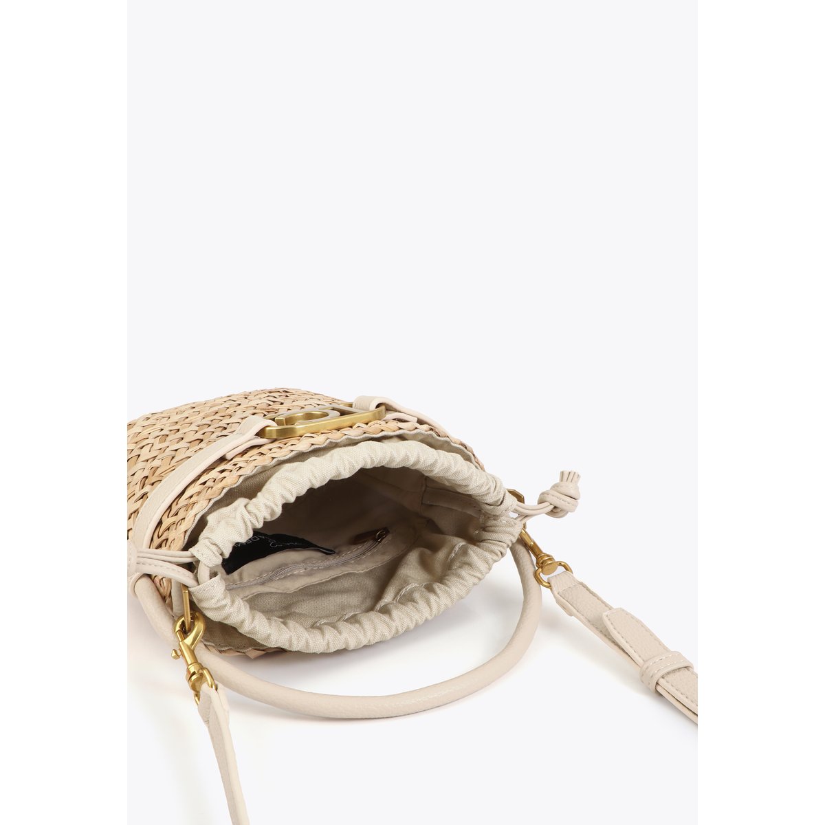 Mini panier tressé avec poignées et détails effet cuir ecru, LOLA CASADEMUNT