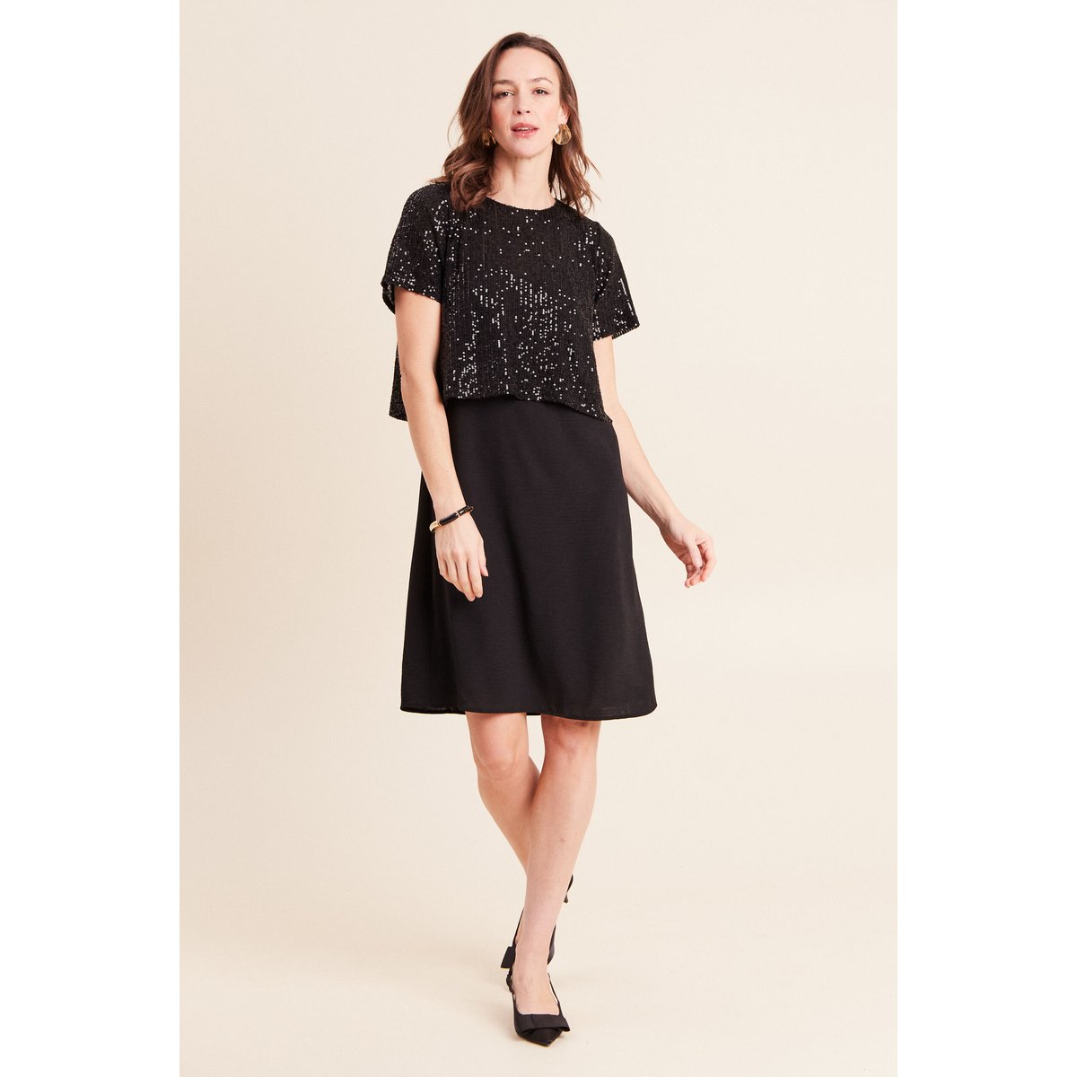Robe courte évasée col rond 2 en 1 noir, BREAL