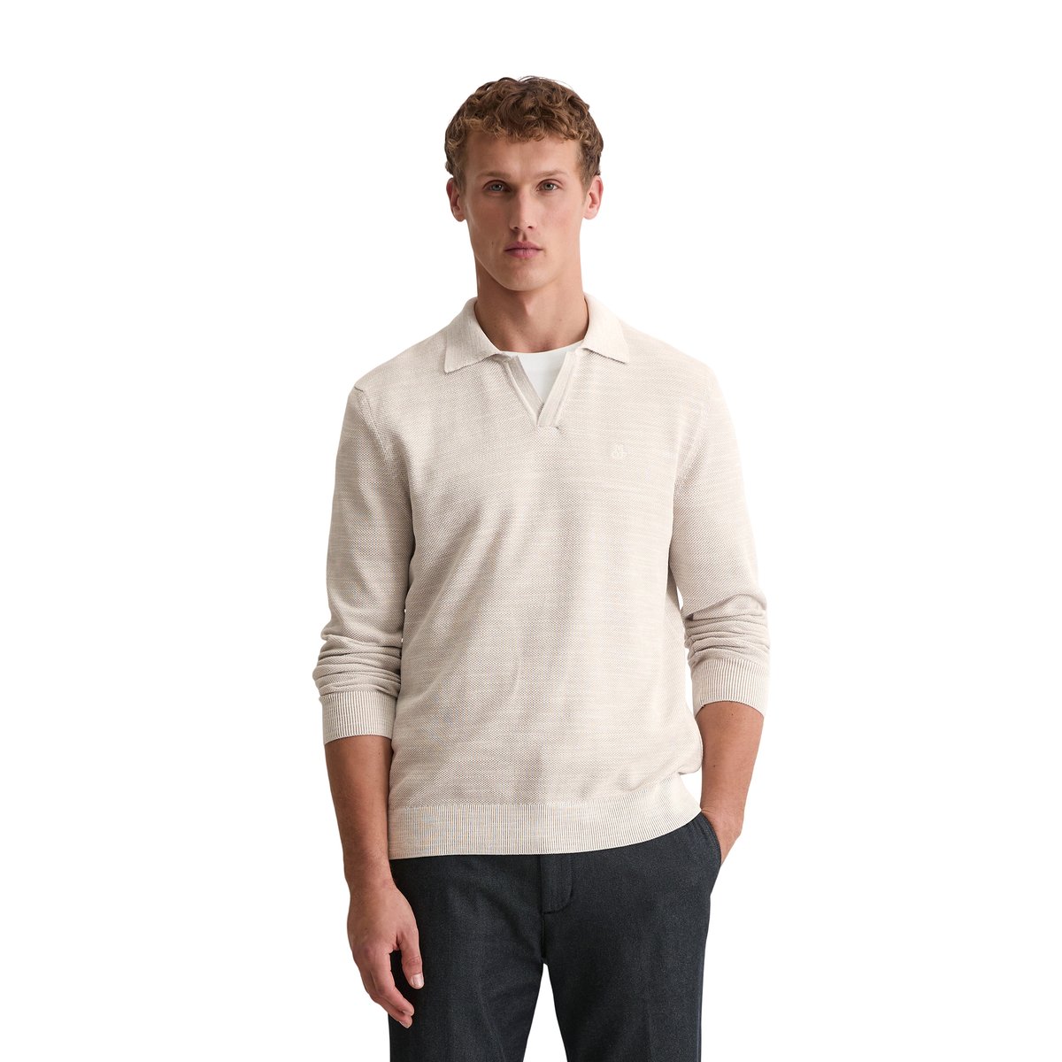 Pull polo regular en piqué de coton bio beige, MARC O'POLO