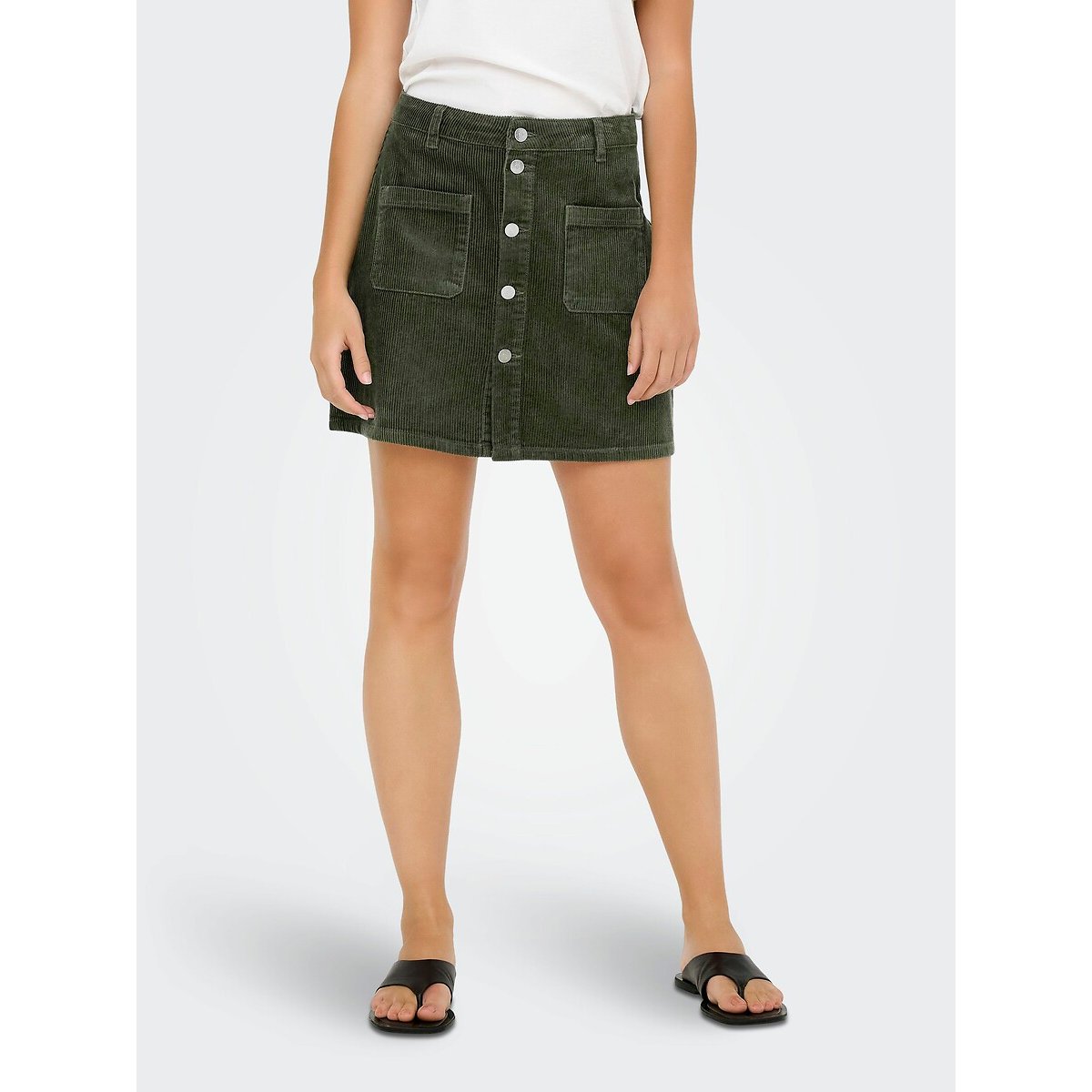 Jupe courte boutonnée en velours vert kaki, JDY