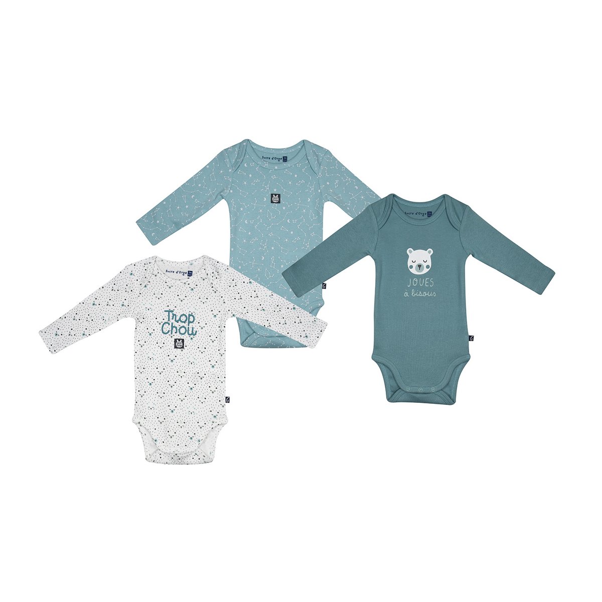 Lot de 3 bodies manoe manches longues bebe vert, SUCRE D'ORGE