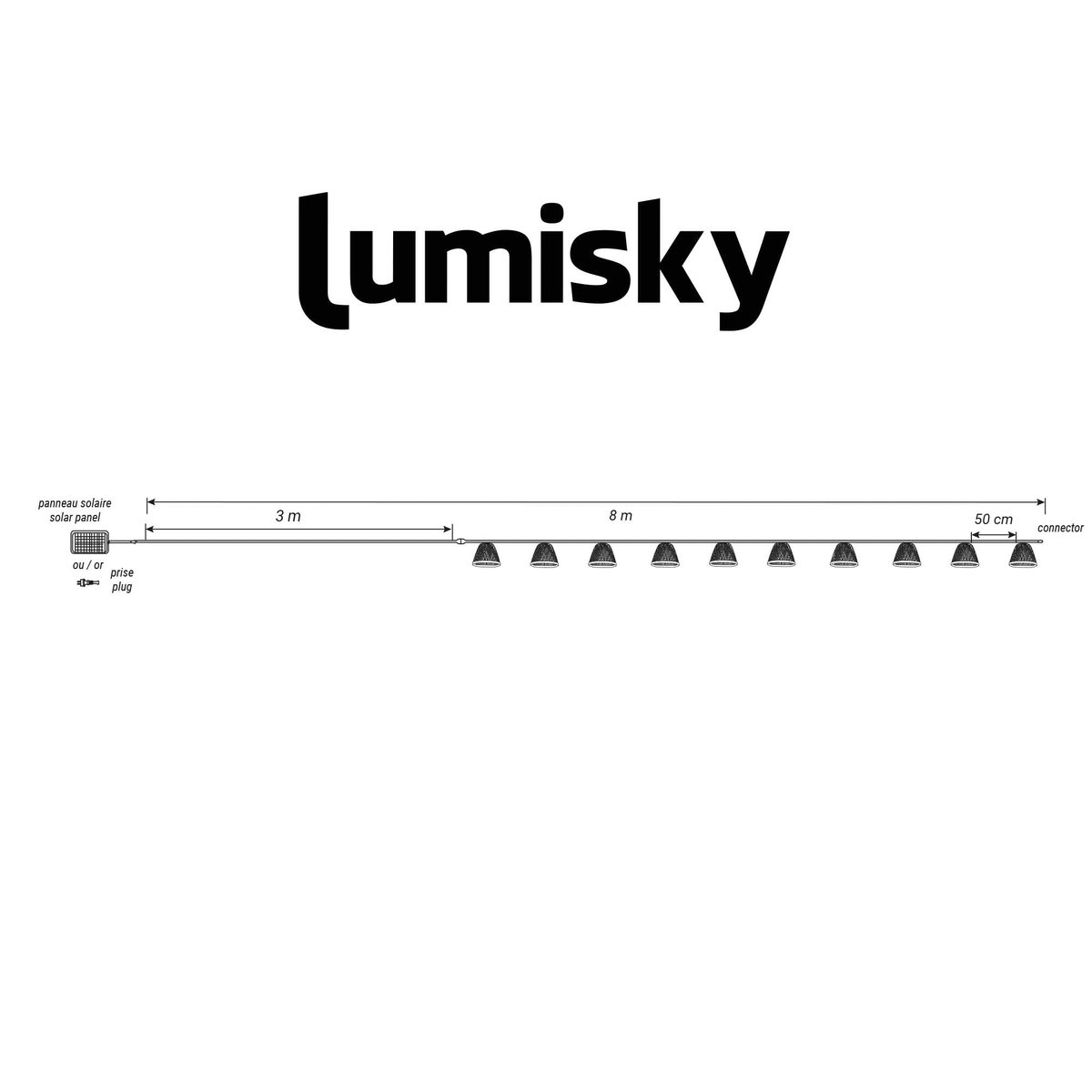 Guirlande lumineuse extérieur raccordable 10 abat-jour naturels en bambou LINA LIGHT HYBRID LED blanc chaud 8m solaire et sur secteur beige, LUMISKY
