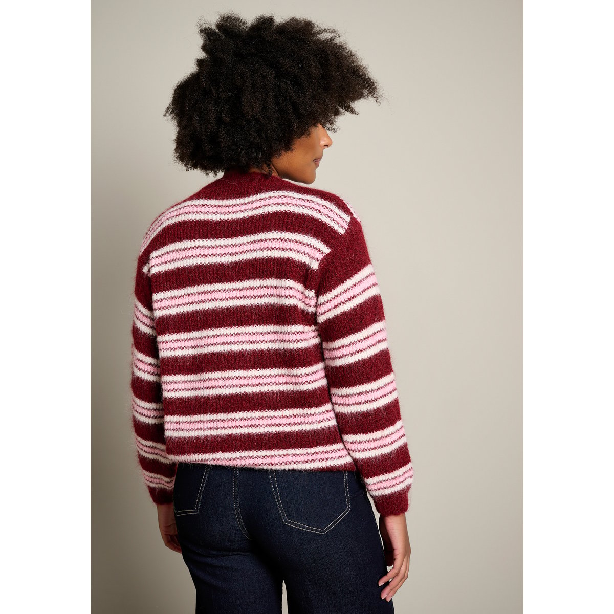 Gilet rayé en maille douce bordeau wine, LOLALIZA