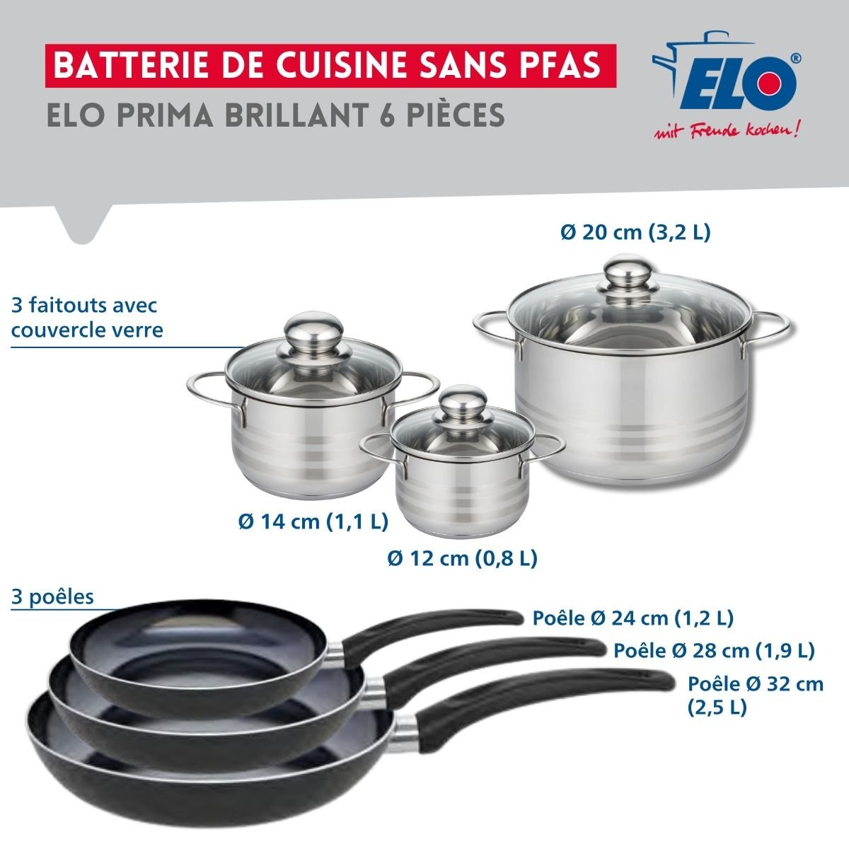 3 poêles 24/28/32cm + 3 faitouts 12/14/20cm PRIMA BRILLANT noir, ELO
