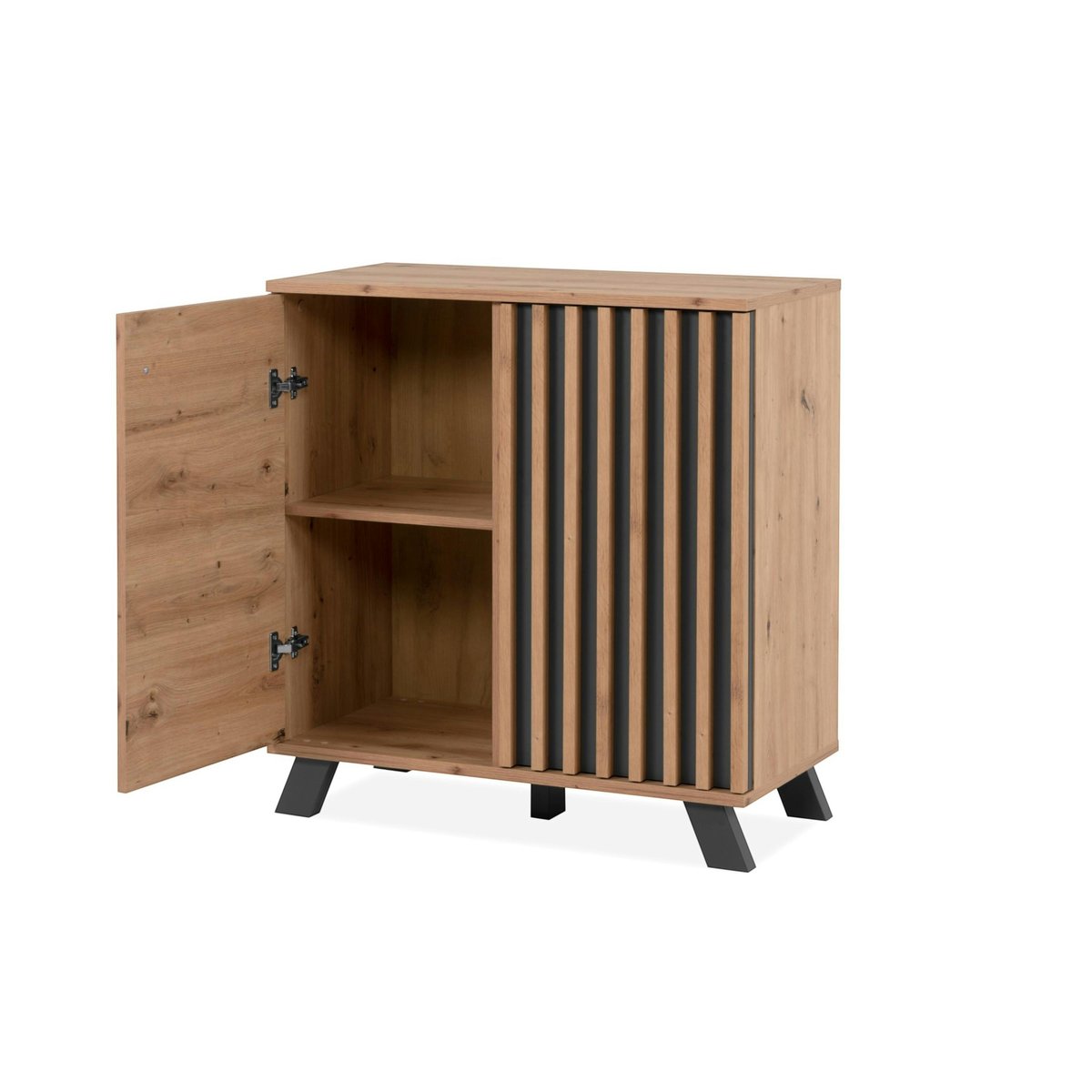 Petit buffet moderne 1 porte noire rainurée ALVA bois naturel, PIER IMPORT