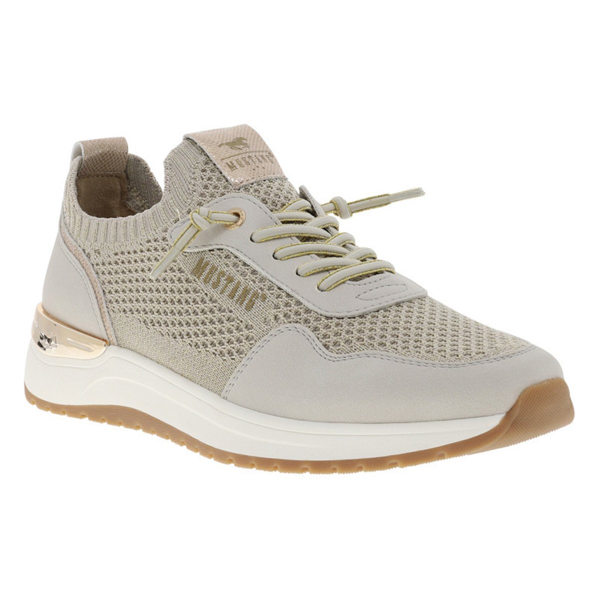 Baskets running sable à talon plat et à slip-on avec des lacets dorés décoratifs beige, MUSTANG