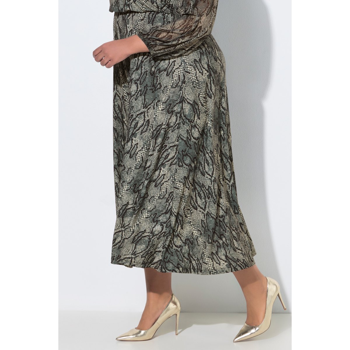 Robe longue, motif animalier, col Carmen gris olive, ULLA POPKEN