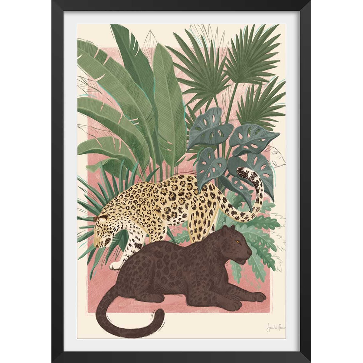 Poster black and white panthers affiche + cadre en bois - noir, HEXOA