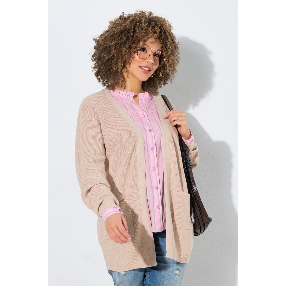 Cardigan en maille côtelée, sans fermeture beige mélangé, ULLA POPKEN