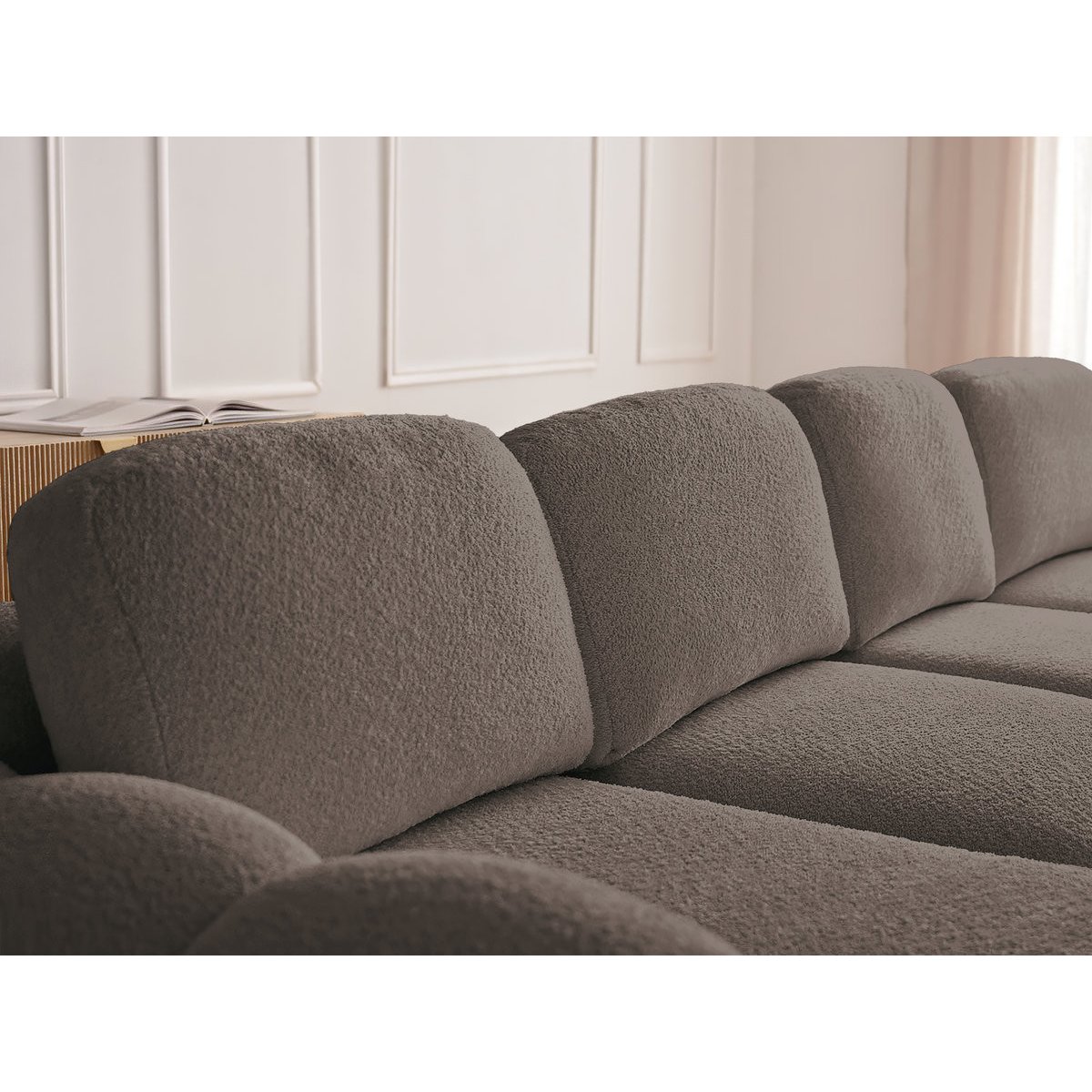 Canapé d'angle convertible 4 places en tissu bouclette avec pouf, MONTAIGNE marron, BOBOCHIC