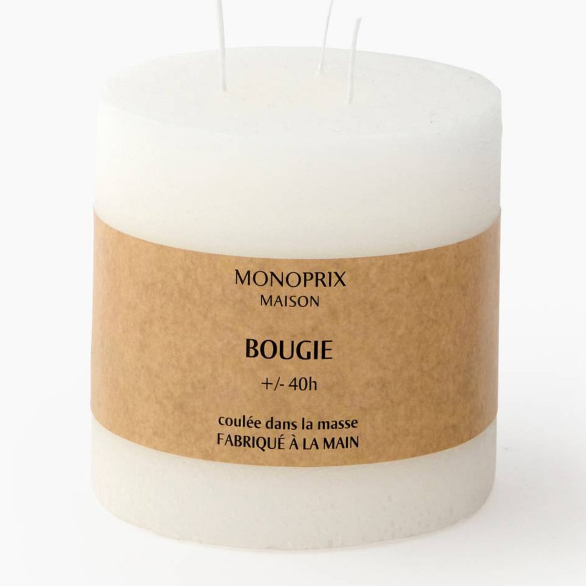 Bougie non parfumée, 3 mèches, 10x10cm blanc, MONOPRIX