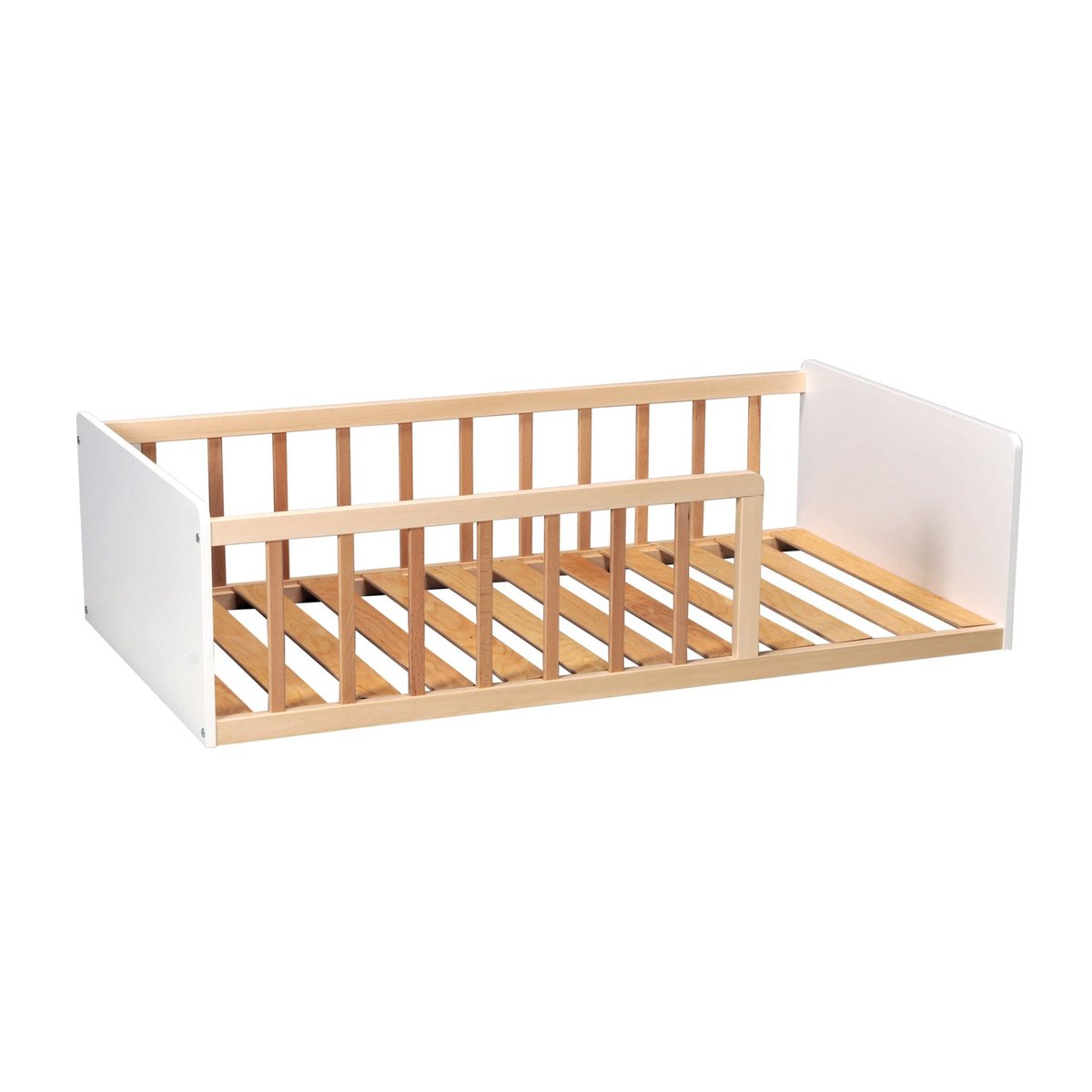 Lit enfant inspiration Montessori au sol à barreaux bicolore 90x190 naturel, TERRE DE NUIT