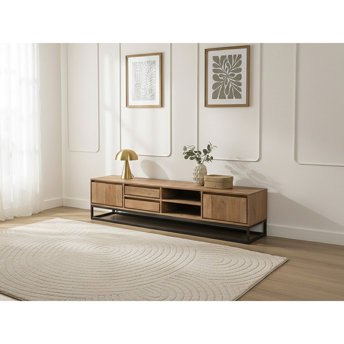 Meuble TV 200 cm bois massif, BERGERAC marron clair, BOBOCHIC