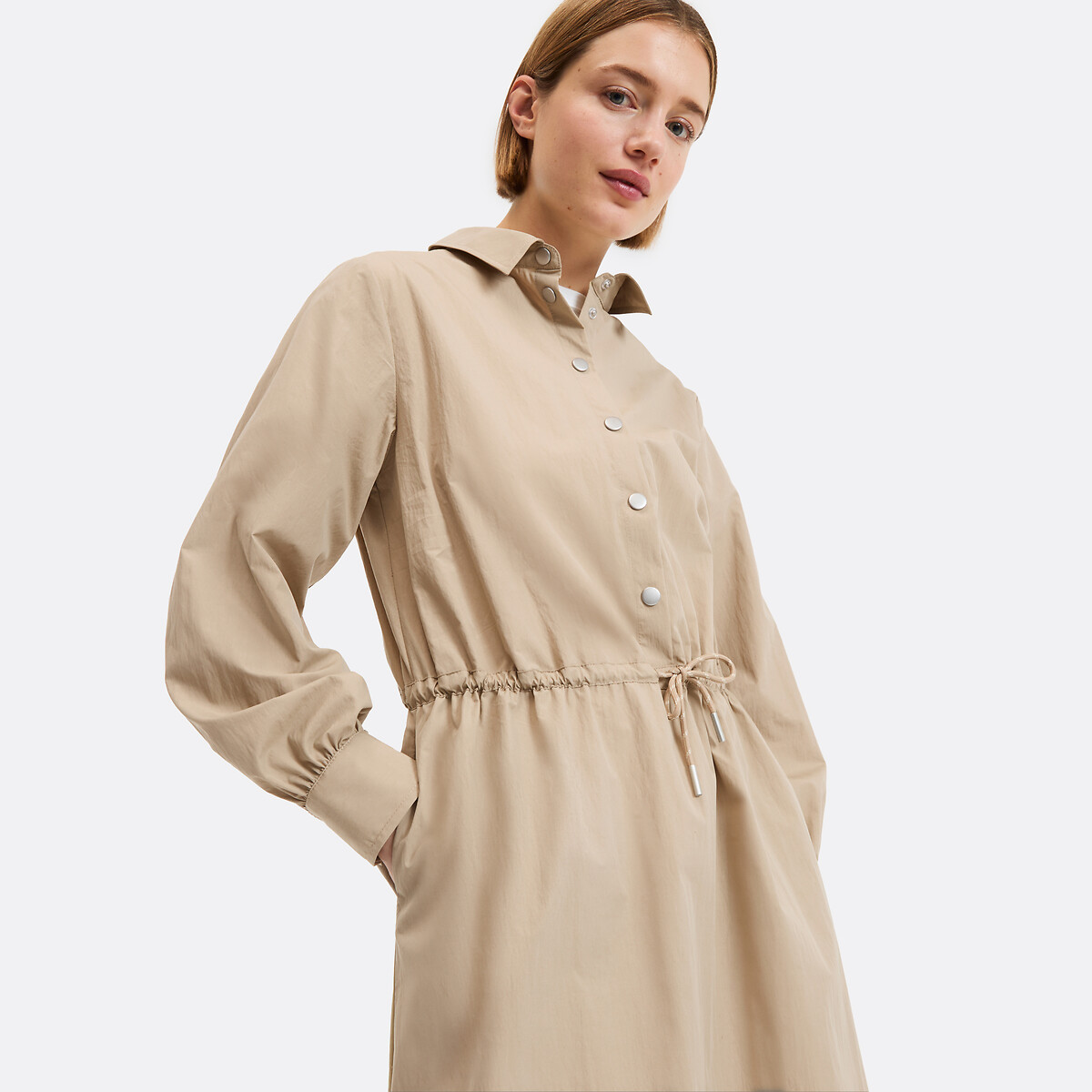 Korte jurk met lange mouwen en koord in de taille beige , LA REDOUTE COLLECTIONS