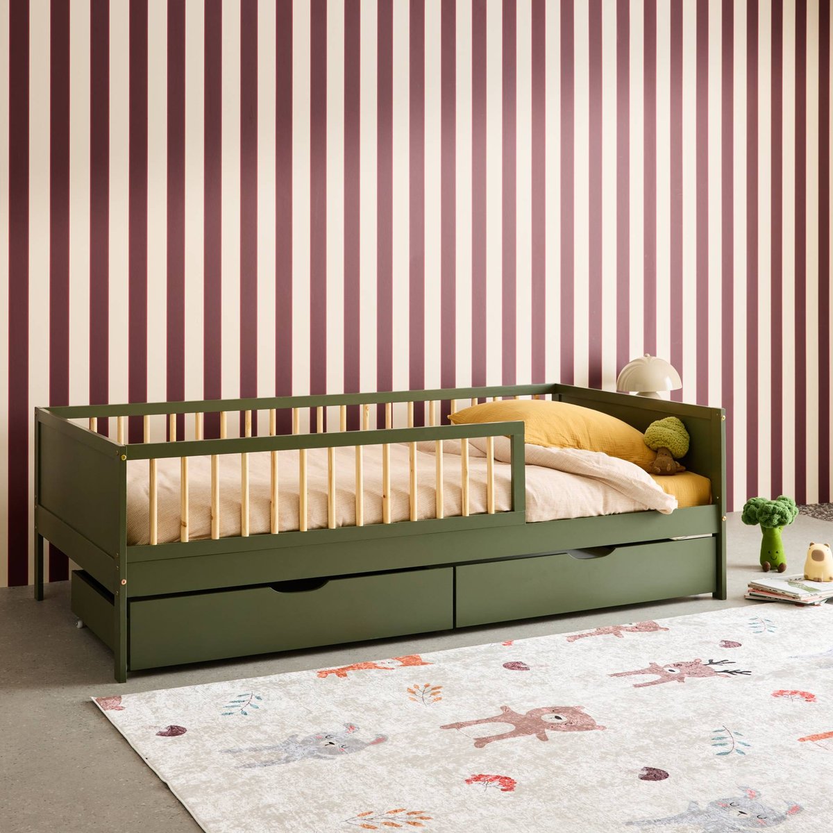 Lit enfant 90 x 190 cm pin naturel avec sommier à lattes et tiroirs ELIO blanc, SWEEEK