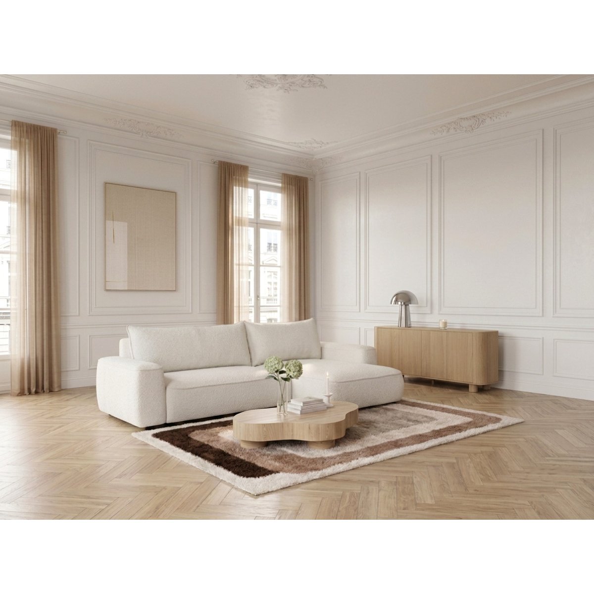 Canapé d'angle convertible 3 places en tissu chenille, HONORE blanc, BOBOCHIC