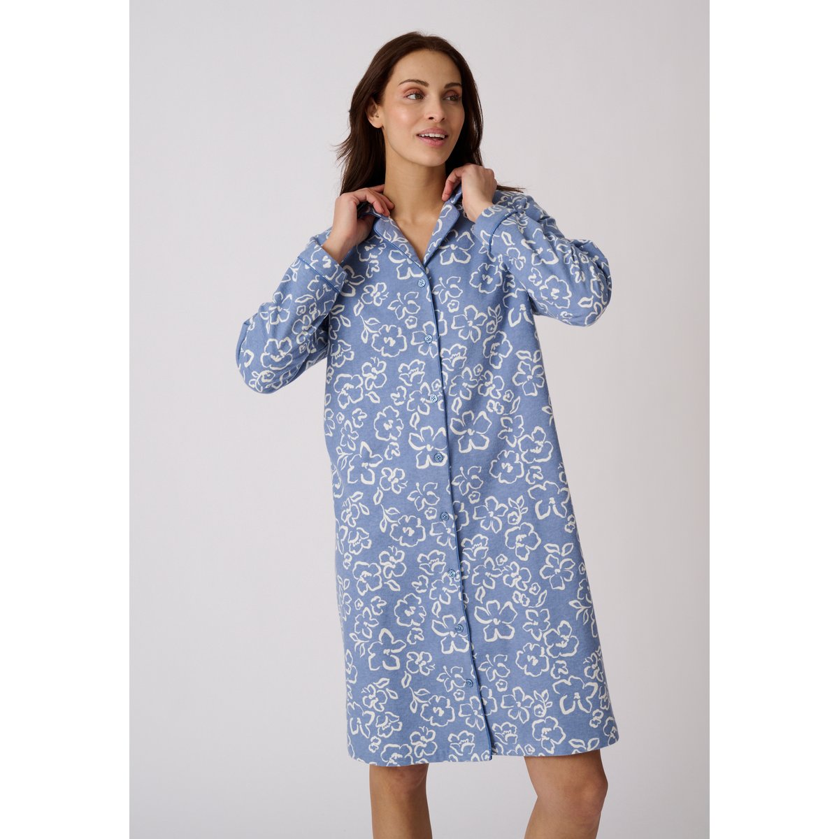 Liquette flanelle en coton manches longues bleu fleuri, DAMART