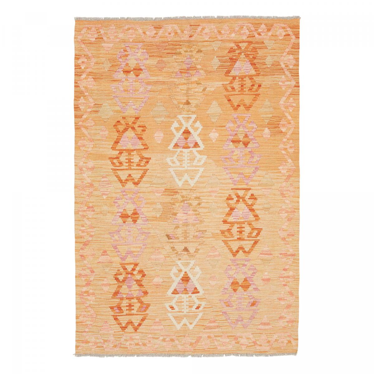 Tapis kilim au motif ethnique, tissé plat authentique, KILIM 54 orange, crème, rose, UN AMOUR DE TAPIS