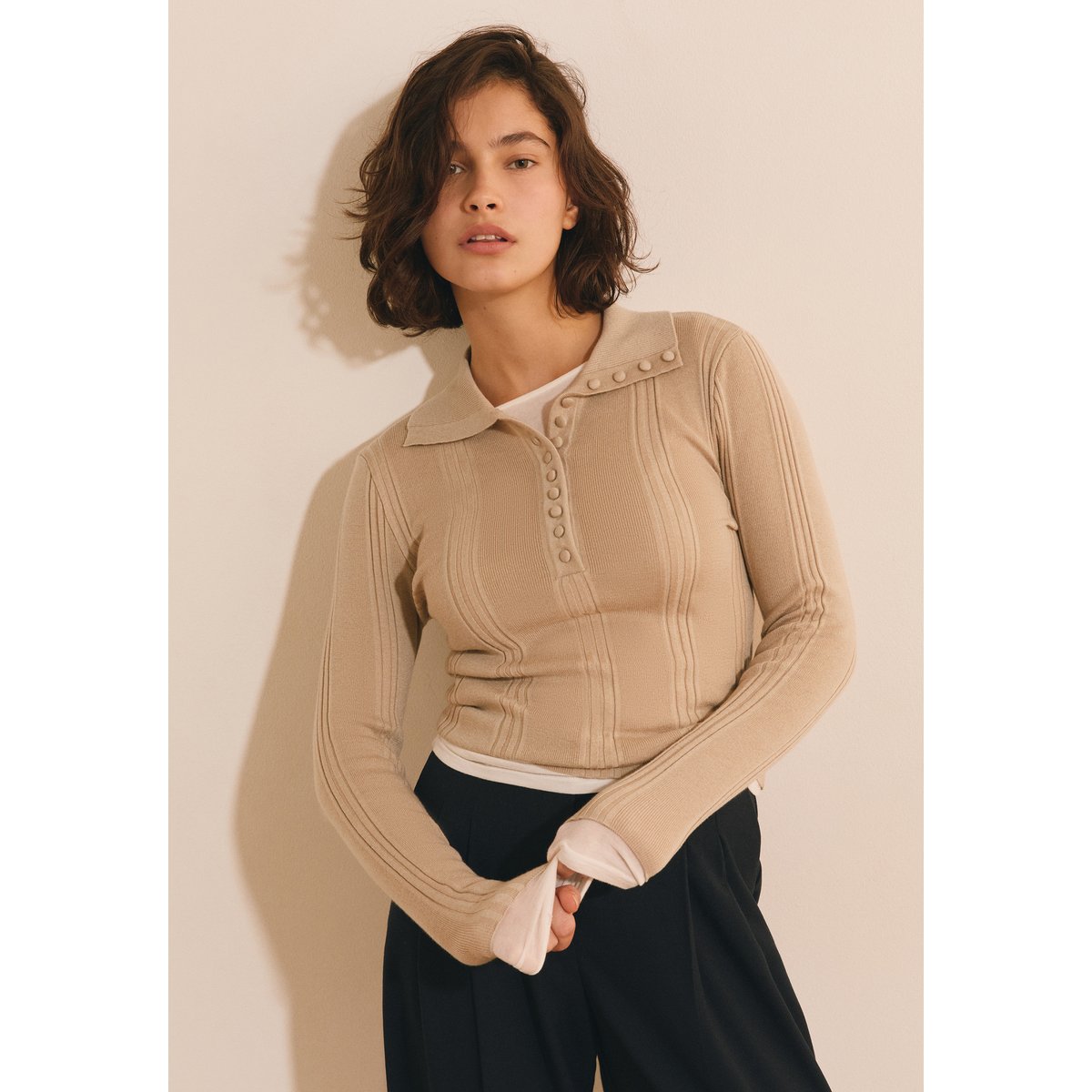 Pull manches longues à col polo STUART beige, ETAM
