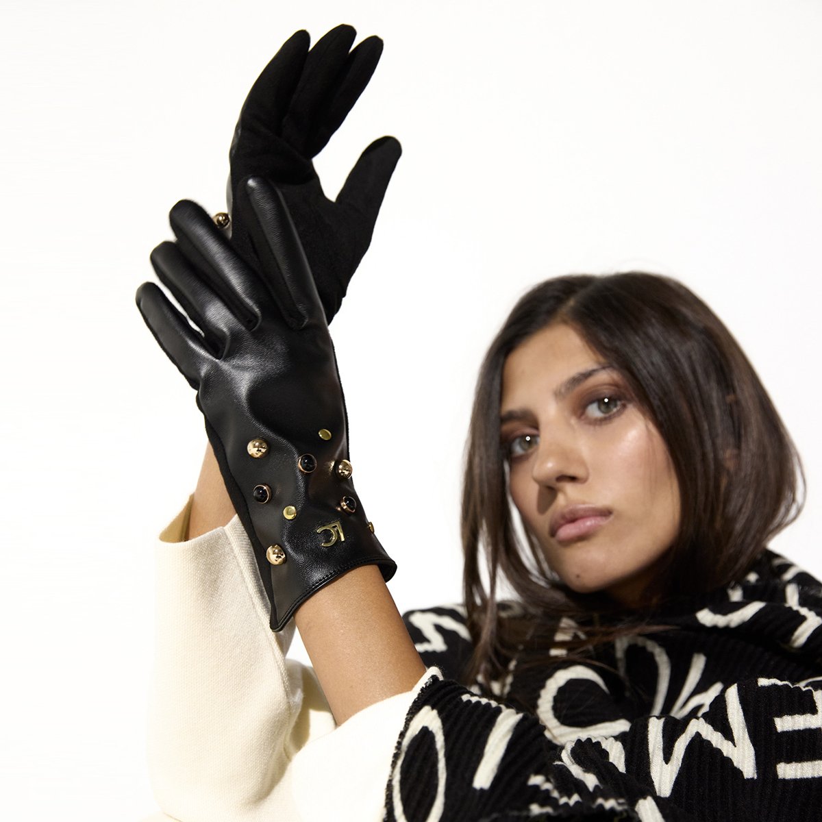 Gants à studs effet cuir noir, LOLA CASADEMUNT